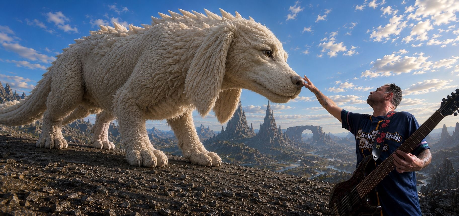 Pirate Jack greeting a giant fluffy beast in a vast otherworldly landscape