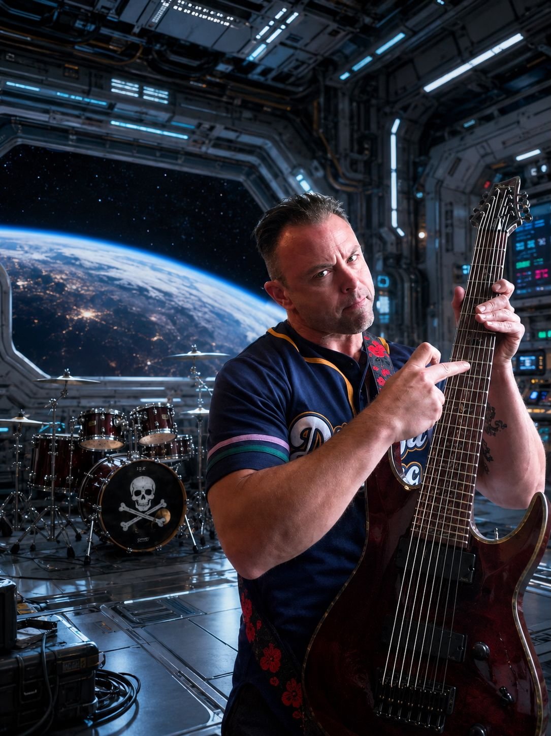 Pirate Jack with an extended-range guitar aboard a spacecraft, Earth in the window