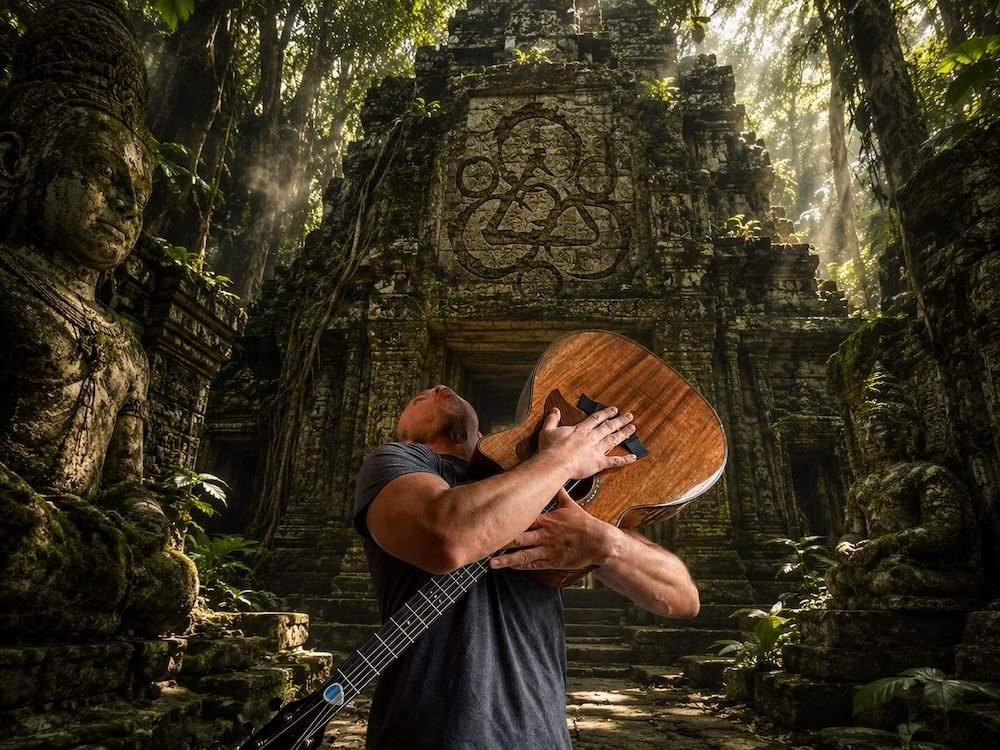 Pirate Jack embracing his guitar in a jungle temple