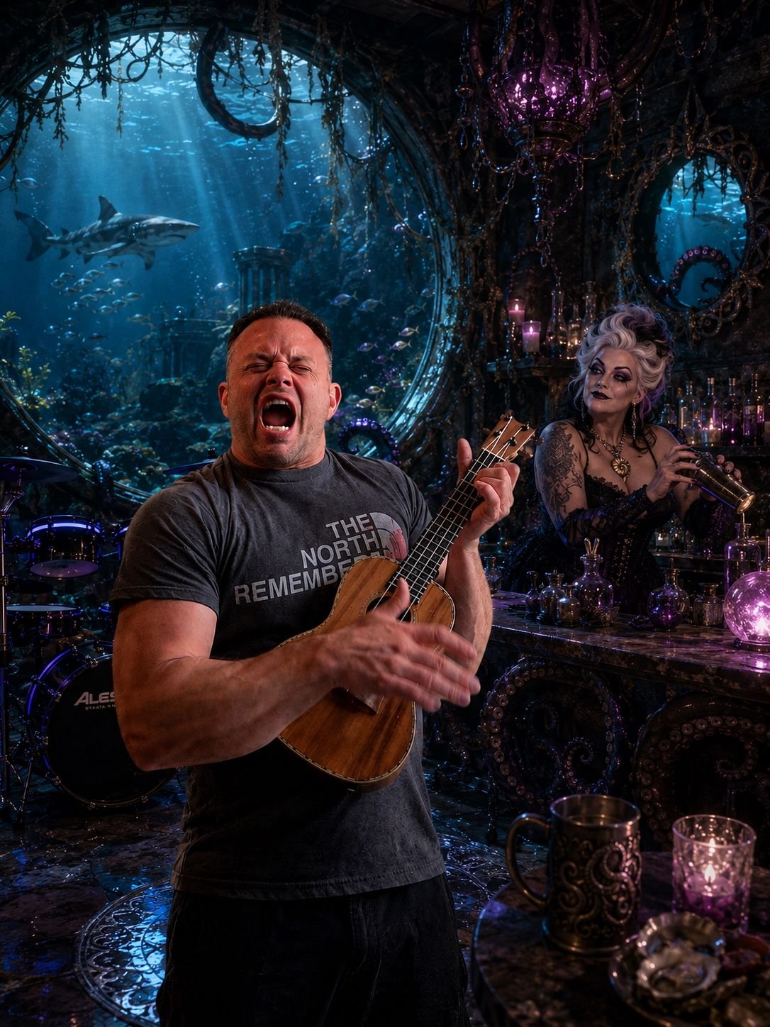 Pirate Jack belting into a ukulele at an underwater bar