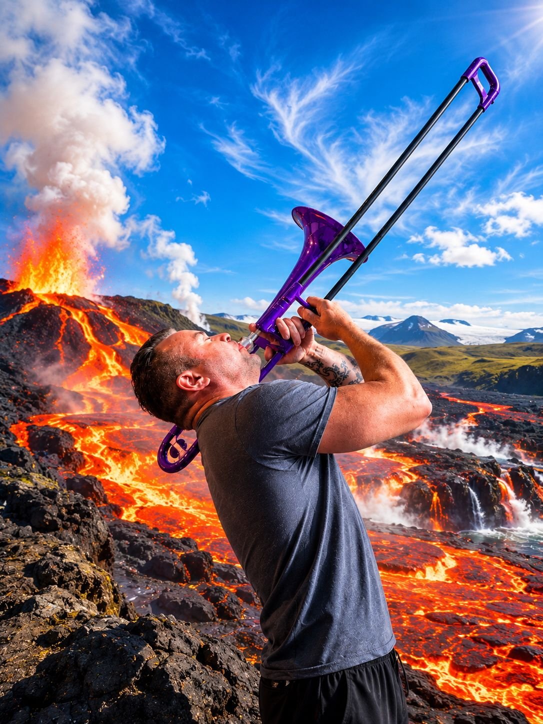 Pirate Jack playing a purple trombone beside an erupting volcano